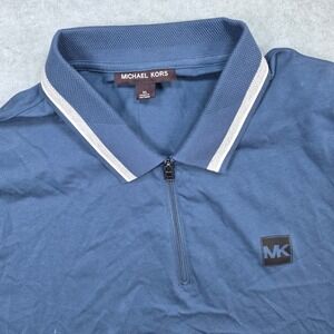 Michael Kors Polo Shirt Men XL Blue Excellent Quarter Zip MK Logo Striped Collar